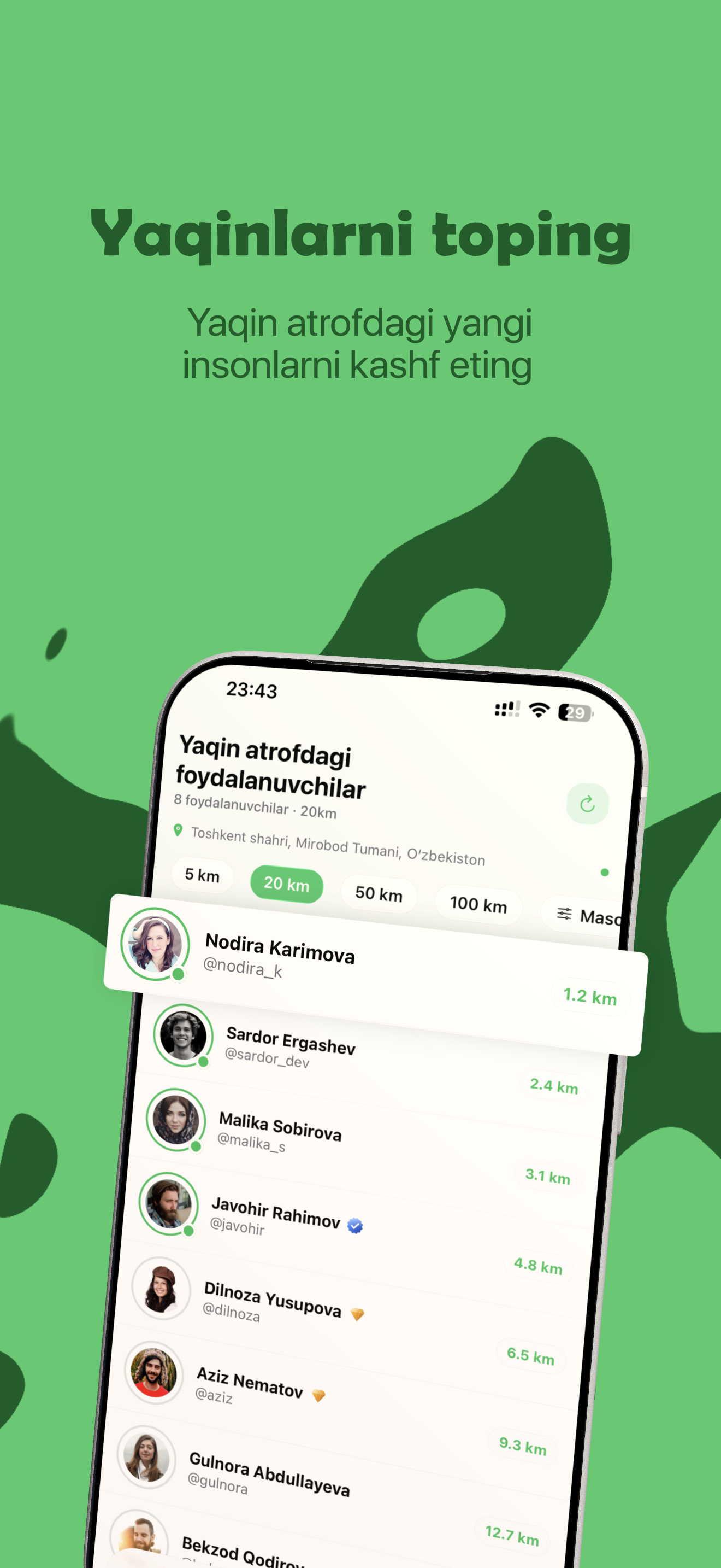 Uzbekhub — yaqin atrofdagi foydalanuvchilar ro'yxati